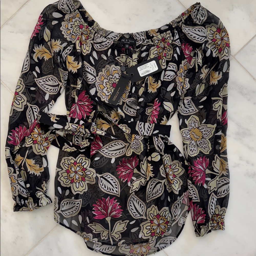 rag & bone Black Floral Off-Shoulder Blouse (Silk and viscose blend)